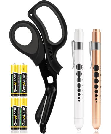 MEUUT 3 Pack Medical Scissors and Penlights for Nurses Medical Supplies with Two Medical Pen lights Four Batteries One 8 inches Ergonomical Bandage Scissors Trauma Shears for First Aid EMT Black Scissor+gold&white Penlight