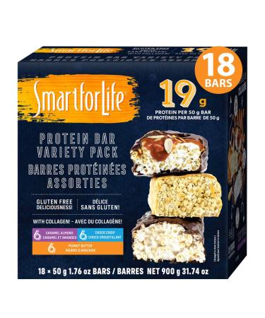 Smart for Life – High Protein, Low Sugar Bar Variety Pack, Gluten Free – Caramel Almond, Chocolate & Peanut Butter Chocolate – Crunchy Meal Replacement Bars – Works with Cookie Diet – Non-GMO - 18 Ct