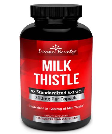 Divine Bounty Pure Milk Thistle Capsules Supplement - A Potent 1200mg Milk Thistle Supplement with 4X Concentrated Extract (Standardized) 120 Vegetarian Capsules