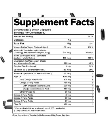 Complement Essential Vegan Multivitamin for Men & Women (60 Servings 180 Capsules) with Omega-3 DHA & EPA B12 Vitamin D3 & K2 Zinc Selenium Magnesium Iodine - Supports Immunity & Overall Health 180 Count (Pack of 1)  - Buy Online on GoSupps.com