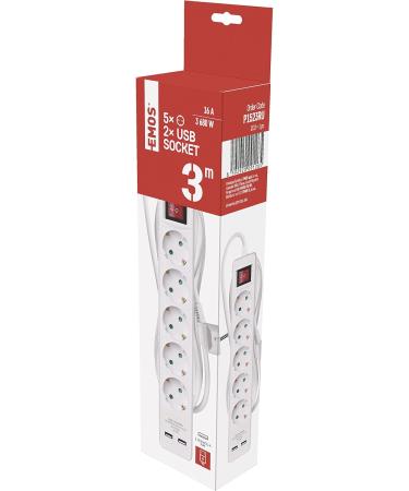 Emos Socket Strip with USB - 5 Multiple Sockets 2x 2.1A Charging Switch & Enhanced Safety - IP20 Indoor Use - Buy Online on GoSupps.com