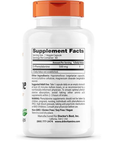 Buy Doctor's Best D-Phenylalanine 500 mg - 60 Veggie Caps for Mood Support - Buy Online on GoSupps.com