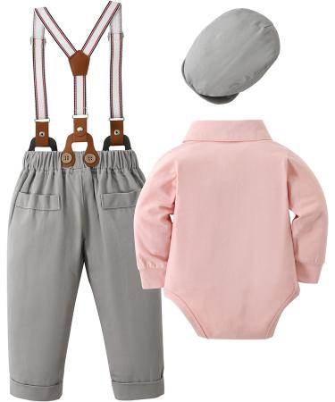 Baby Boy Gentleman Suit Set | Formal Tuxedo Romper + Pants + Beret Hat | 12-18 Months | Pink - Buy Online on GoSupps.com