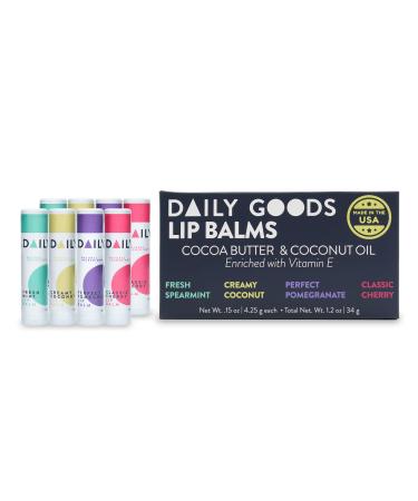 Assorted Natural Lip Balm Pack with Cocoa Butter and Coconut Oil by DAILY GOODS, Includes Pomegranate, Coconut, Cherry, and Spearmint Flavors, Enriched with Vitamin E - Pack of 8, 0.15 oz Tubes Assorted 8PK