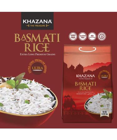 Khazana Premium Ultra Extra Long Basmati Rice - 10lb Resealable Zipper Bag | Aged & Aromatic Authentic Grain From India | GMO-Free, Gluten-Free, Cholesterol-Free & Kosher - 10lb Pack - Buy Online on GoSupps.com