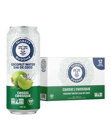 THIRSTY BUDDHA Coconut Water- Pure Coconut Water- Premium Coconut Water- All Natural Hydration Electrolytes Sports Drink- No Added Sugar Vegan Non-GMO Coconut Water (12/490ml) Classic 5.88 l (Pack of 1)