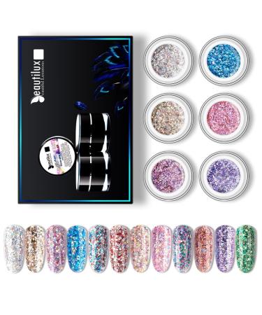Beautilux Gel Polish Kit Dazzling Nail Gel Polish Holographic Sequins Nails Art Gels Lacquer Glitter Bling Gel Varnish 6pcs/Set - (Color: 001-006)
