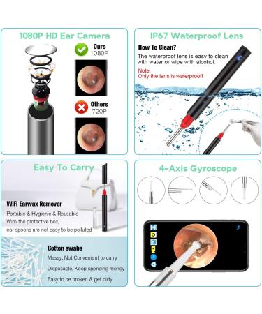 Wireless Otoscope Earwax Removal Kit 1080P FHD WiFi Camera | HealthneSS Ear Wax Removal Tool with 6 LED Lights | Waterproof & Portable Ear Cleaner for Adults, Kids & Pets - 2021 Black - Buy Online on GoSupps.com