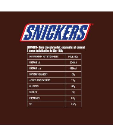 SNICKERS - Milk chocolate peanuts and caramel bar - 3 individual bars of 50g - 150g - Buy Online on GoSupps.com