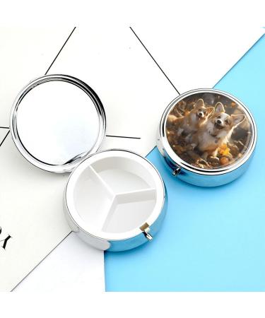 Round Pill Box with Two Corgis Print | 3 Compartment Portable Pill Organizer | Decorative Metal Pocket Pill Case - Buy Online on GoSupps.com