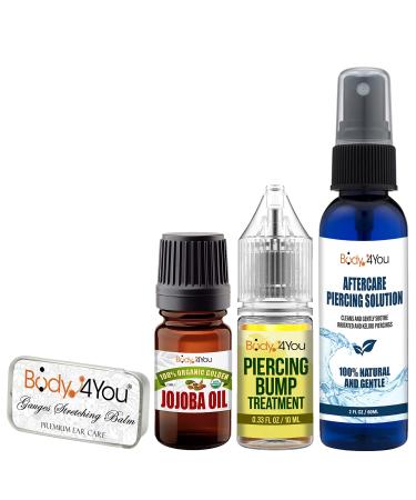 BodyJ4You 4PC Piercing Aftercare Set | Ear Balm Bump Removal Saline Spray Jojoba Oil | Gauges Lobe Nose Navel Belly | Keloid Removal Cleanser Wash Recovery Aftercare Set A