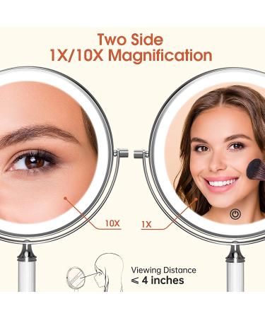Rechargeable 8 inch Lighted Makeup Mirror with 10X Magnification - 2-Sided Vanity Mirror with Dimmable LED Lights - 360 Degree Adjustable Silver Finish - Buy Online on GoSupps.com