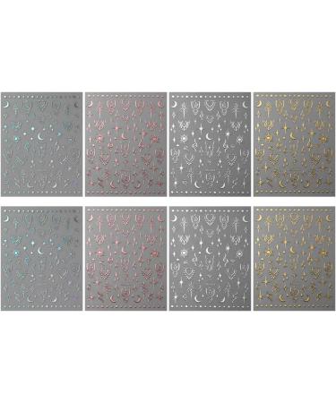 3D Sun Moon Star Nail Stickers - Holographic Laser Decals for Boho Nail Art - Rose Gold/Silver - Mythology Totem Design - 8 Sheets - Buy Online on GoSupps.com