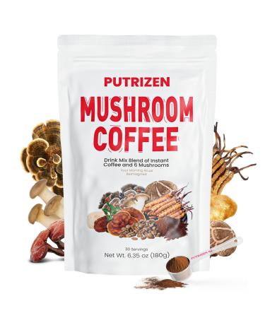 PUTRIZEN Mushroom Coffee with 6 Adaptogenic Mushrooms & MCT Oil - Instant Mushroom Coffee Powder with 2500mg of Mushrooms for Focus Energy Digestion Gut Health Immunity & Sleep 30 Servings