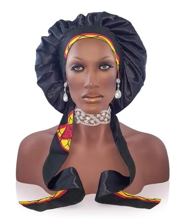 Silk Feel 2X Layer Polyester Satin Bonnet with Tie Band and Satin Edge to Lay Edges | Cute Bonnets for Black Women | Satin Hair Tie Bonnet for Sleeping (SM  1-BLK-1) Small 1-black-1