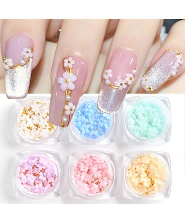 6 Boxes 3D Flower Nail Art Charms Light Change Nail Decals for Acrylic Nail Art Accessories with Pearl Golden Caviar Beads Glitter Nail Supplies Stud Design Jewelry Women DIY Decoration Tips Flower(Lignt Change)