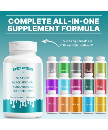 ACADEMICIAN Sea Moss Capsules with Black Seed Oil Burdock Root Capsules Ashwagandha Supplements Bladderwrack Capsule Vitamin C Vitamin D3 Elderberry Manuka Dandelion - 120 Count - Buy Online on GoSupps.com