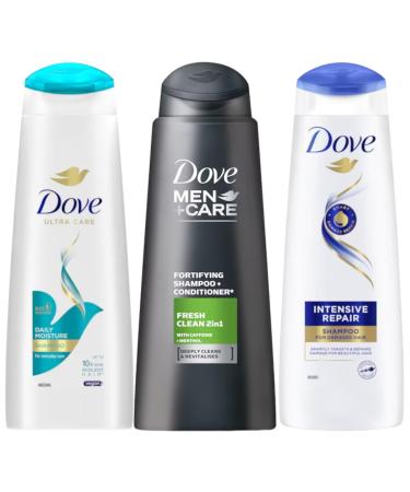 3 x 250ml | Dove Daily Moisture & Intensive Repair Shampoo for Women | Fresh Clean 2 in 1 for Mens Shampoo Bundle | 3 Pack