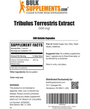 BulkSupplements Tribulus Terrestris Extract Capsules - 300 Count, Gluten Free - Herbal Supplement - Buy Online on GoSupps.com