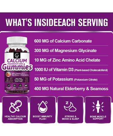 Calcium Magnesium Zinc Gummies with High Absorption Magnesium Glycinate 300mg Potassium - Plant Complex Calcium Magnesium 2:1 Ratio with D3 Sea Moss for Bone Immune & Sleep Support Vegan-2 Pack 60 Count (Pack of 2) - Buy Online on GoSupps.com