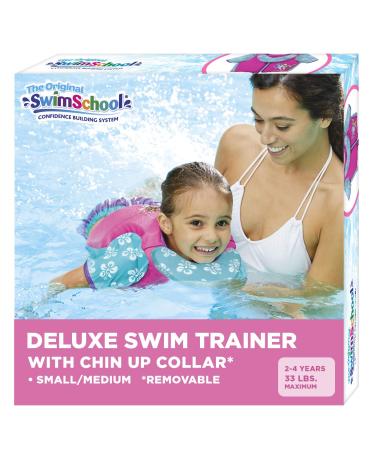 SwimSchool Swim Trainer Vest  Easy On & Off Kids Swimming Vest  Sizes: Small/Medium Up to 33 lbs. & Medium/Large Up to 50 lbs.  Colors: Blue, Orange, Pink & Seafoam S/M Trainer Vest with Sleeves (Pink/Aqua)