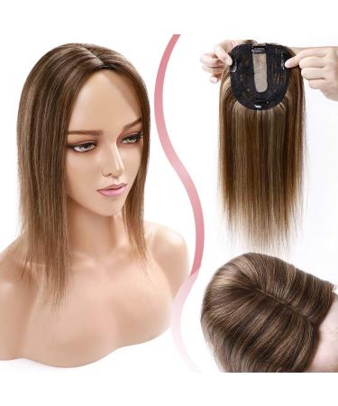 Elailite hair part real hair topper clip in toupet women silk base clip in extensions hair extension 130% dense remy silk base smooth 45cm 57g #4/27 medium brown & dark blonde