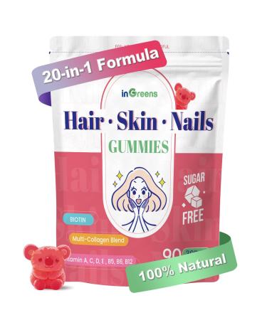 inGreens 20-in-1 Hair Skin and Nails Gummies, Hair Biotin Vitamins for Women & Men with 10000 mcg Biotin, Vitamins A, C, D, E for Hair Growth & Healthy Skin, White Peach Flavor, 90 Gummies