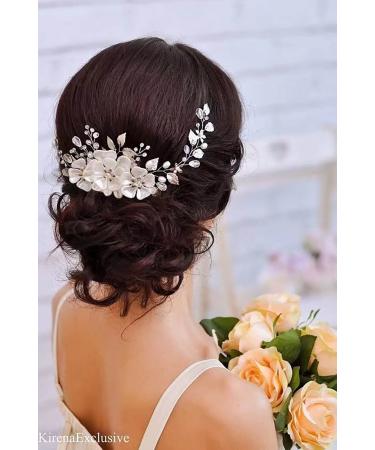 JUSTUSNX Bride Wedding Hair Pieces Pearl Hair Vines Silver Crystal Headpiece Flower Headband for Women and Girls Hair Styling Accessories