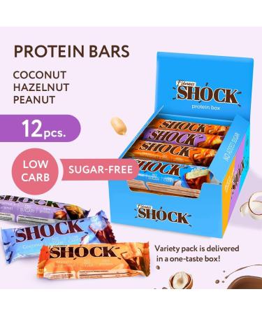 FitnesSHOCK Protein Bar Mix Box 12-Pack Fitness Bars No Added Sugar High 20% Protein Low Carb Almost Sugar-Free (1g) Low Calorie High in Fiber 12x50g Mix Box 50g - Buy Online on GoSupps.com