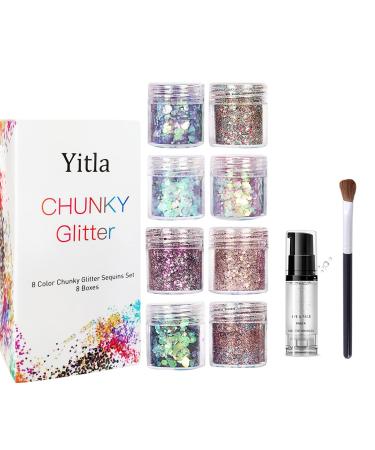Yitla 8 Color face Glitter Cosmetic Glitter for Body Cheeks and Hair Festival and Party Beauty Makeup - Includes Long Lasting Fix Gel and Brush