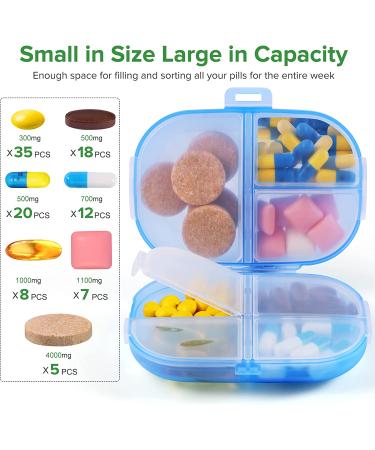 2 Pack Compact Travel Pill Organizer - Small Pill Box with 7 Compartments - Daily Pill Case for Pocket - Portable Medicine Container for Vitamins & Supplements (Blue) - Buy Online on GoSupps.com