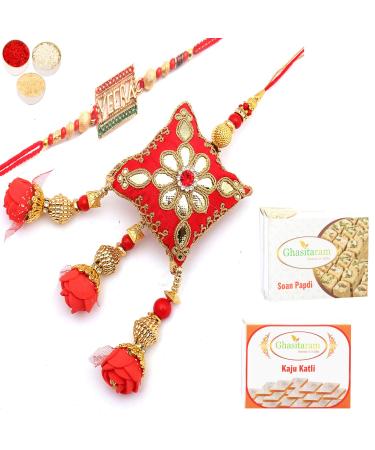 Ghasitaram Gifts Rakhis Online- Roses of Galore Bhaiya Bhabhi Rakhi with 200 GMS of Kaju katli and 200 GMS of Soan Papdi