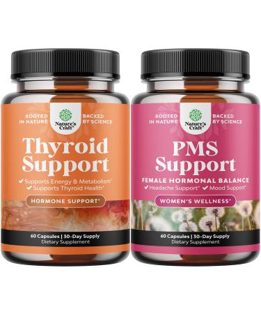 Bundle of Herbal Thyroid Support Complex and Herbal PMS Support Supplement for Women - Mood Enhancer Energy Supplement for Thyroid Health - Feminine Balance Complex with PMS Vitamins for Women