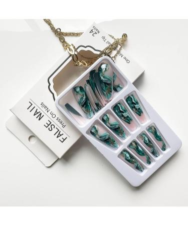 24Pcs Long Green Marble Coffin Press on Nails with Gold Foil Designs - Glossy False Nails for Women & Girls - Buy Online on GoSupps.com