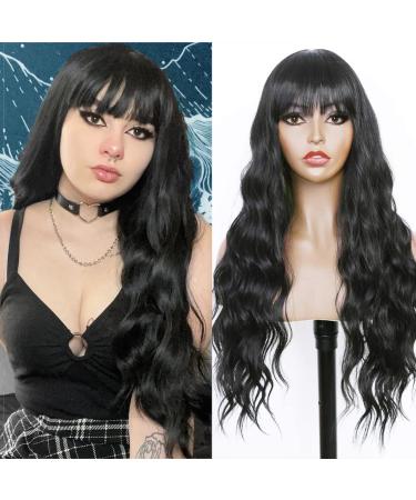 FUGADY Black Wavy Wig With Bangs Black Wig with Bangs Long Wig Synthetic Wig Body Wave Wig Cheap Wig Heat Resistant Wig Black Wigs For White Women Cosplay Wig Black Curly Wig with Bangs 24"