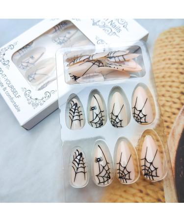 Spooktacular Short Almond Halloween Press On Nails - 24 Pcs Glossy 3D Spider Web & French Tip Design - Perfect for Women & Girls - Buy Online on GoSupps.com