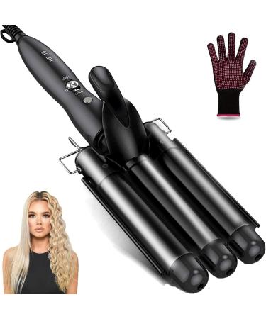 3 Barrel Curling Iron 25mm Crimper Hair Iron Temperature Adjustable Hair Crimper Ceramic Tourmaline Fast Heating Curling Wand with Heat Resistant Glove Black