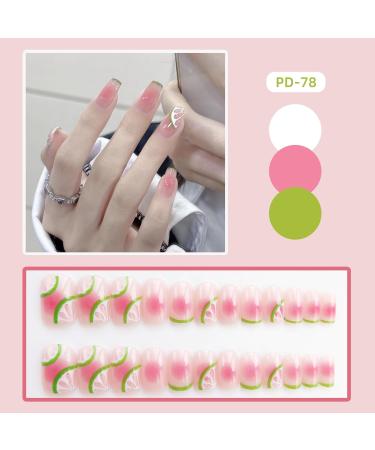 French Tip Press on Nails - Mid Square Press On Nails with Nail Tips Green lemon pattern False nails Design Peach red Glossy press on nails Acrylic False Nails Cute Artificial Nails - Buy Online on GoSupps.com