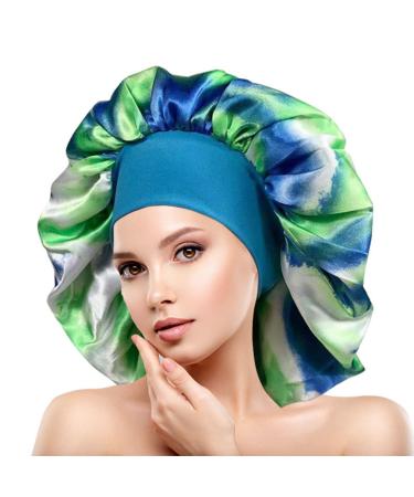 Silk Bonnet Satin Bonnet Elastic Wide Band Hair Bonnet for Sleeping Hair Bonnets for Women Curly Hair Jumbo Bonnet for All Long Hair (Large  Green) Small-Large Green