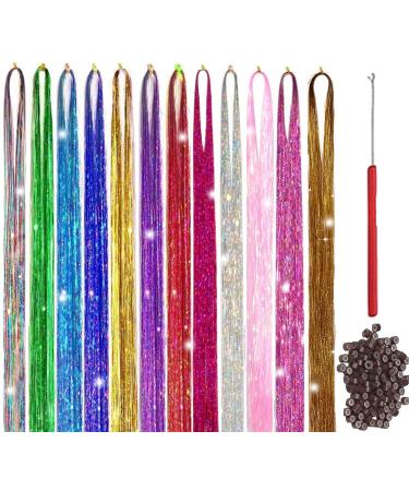 Hair Tinsel Kit With Tool 4200 strands Tinsel Hair Extensions 12 Colors Fairy Hair Tinsel Sparkling Shiny Hair Tinsel Heat Resistant Highlights Glitter Tinsel Hair Extensions(48 Inch) 12 Colors-4200 Strands 48 Inch (Pack of 12)