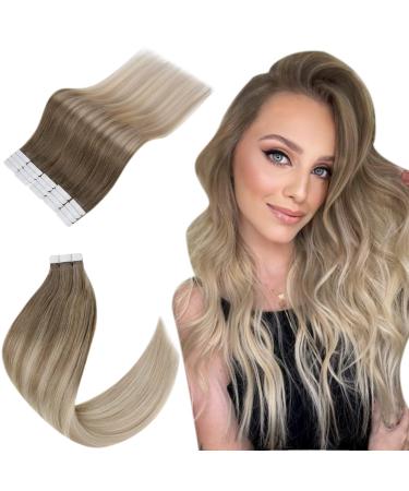 Easyouth Tape in Extensions Real Hair Blond Tape In Hair Extensions of course tape in real hair Extensions balayage ash brown Platin blonde and ashblond mix 18 inch 50g 20 pieces #8/60/18 45 cm 1-5 #8/18/60