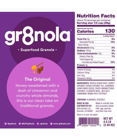 gr8nola BULK Granola Cereal - Superfood Almonds, Honey, Cinnamon, Flaxseed - 4.5lb Resealable Bag - Buy Online on GoSupps.com