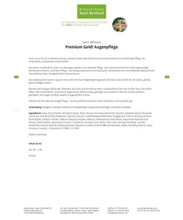 Sanct Bernhard Premium Gold Eye Care - 24-Carat Gold Powder Shea Butter & Apricot Oil - 30ml - Buy Online on GoSupps.com