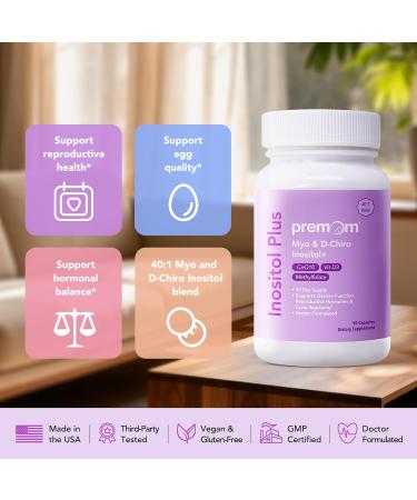 Premom Inositol Plus - 2000mg Myo-Inositol & 50mg D-Chiro Inositol CoQ10 Folate & Vitamin D3-40:1 Ratio - Supports Hormonal Balance Ovarian & Reproductive Health - 30 Day Supply - Buy Online on GoSupps.com