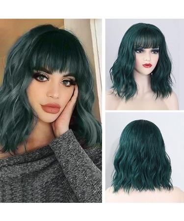 Amyqueen Green Wig  Colored Green Bob Wigs for Women  Short Curly Wavy Wig with Bangs  Shoulder Length Natural Looking Heat Resistant Synthetic Wigs for Party  Cosplay  Fun  Daily Wear