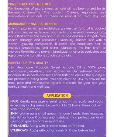 Us+ 100% Pure Sweet Almond Oil - Cold-Pressed, Unrefined & Hexane-Free - 10oz Bottle for Healthy Skin & Hair - Buy Online on GoSupps.com