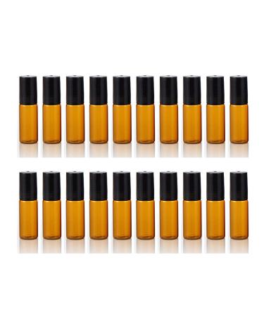 ELFENSTALL- 20PCS 5ml Amber Glass Roller Bottles Roll On Bottle Container with Metal Ball for Essential Oil Aromatherapy Perfumes and Lip Balms - 3ML Dropper Included