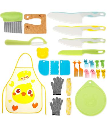 Abizarch 25Pcs Kids Cooking Set Safe Kids Kitchen Cutter Set Montessori Kitchen Tools with Cutters Potato Chipper Peeler Oversleeves Bear Sandwich Mould Chopping Bboard Gloves Apron Fruits Forks for C Picture money - Buy Online on GoSupps.com