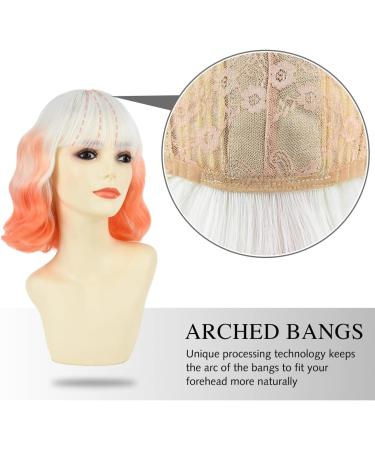 Yamel Wavy Bob Wig with Bangs - Shoulder Length Short Curly Ombre Synthetic Hair Wig in Bright Orange for Women - Buy Online on GoSupps.com