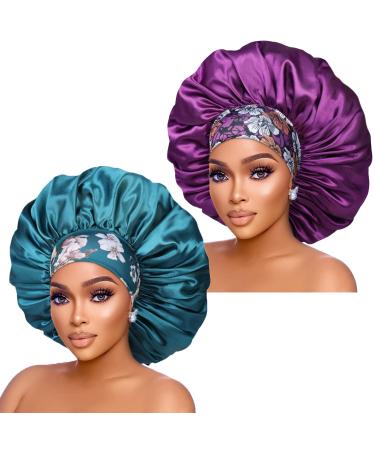Silk Satin Bonnet Hair Cap: 2pcs 17inch Diameter Extra Large Jumbo Sleeping Satin Bonnets With Comfortable Flower Band - High Density Satin Bonnets For Women Braids Curly Night Cap (Purple & Teal) - Buy Online on GoSupps.com